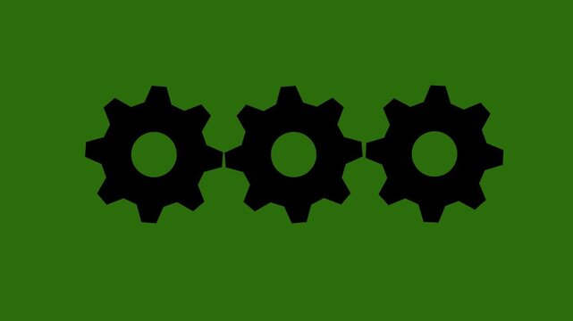 Three Black Gears Pop-Up Animation Loop on Dark Green Background | Sequential Cogs Motion Graphics | 4K Mechanical Process Stock Video Footage for Tech Editors and Creators.