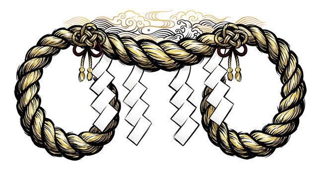 Japanese shimenawa sacred straw rope wreath PNG with shide paper streamers, golden knots, on transparent background for Shinto shrine decor.  Ai Generated