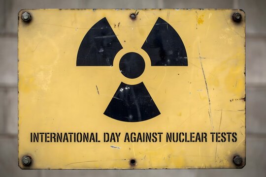 Yellow radioactive sign international day against nuclear tests with radioactive