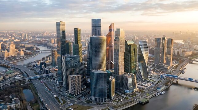 Aerial view of modern city skyscrapers and river.
