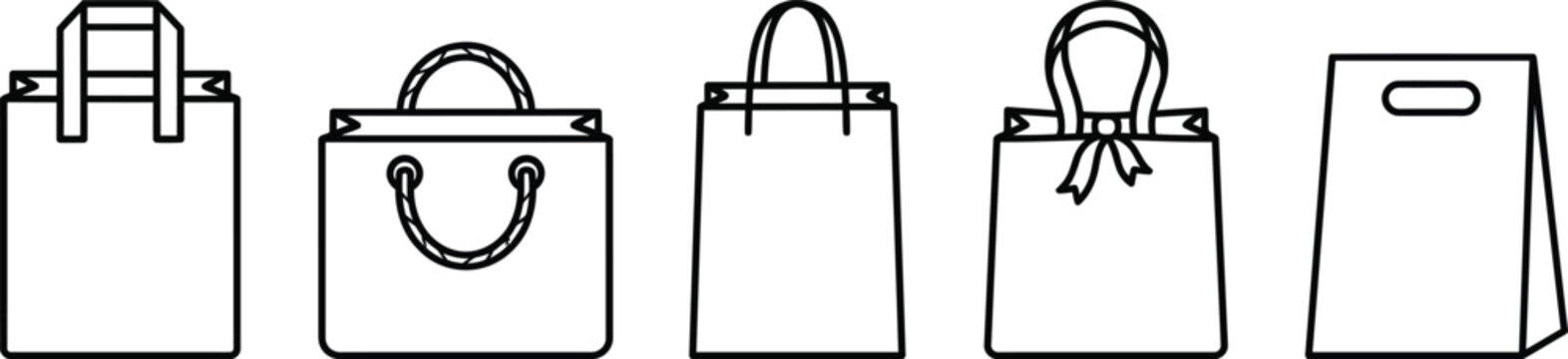 retail shopping bag and paper gift bag outline icon set vector graphic element isolated on white background