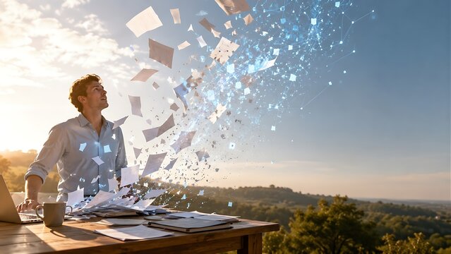 Professional workspace with documents transforming into an abstract AI data network above a desk, blending digital automation and productivity, warm sunlight, copy space, innovation concept