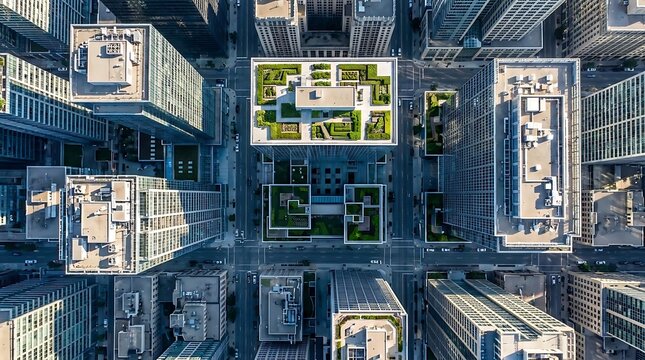 Aerial view of modern city skyscrapers with rooftop gardens