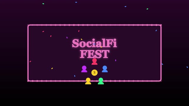 Social fi fest neon motion with falling confetti for cryptocurrency and web3 social media event promotion animation 4k