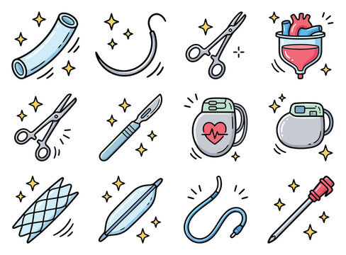 Medical surgical tools and cardiac devices like scalpels and pacemakers with sparkles and a clean aesthetic
