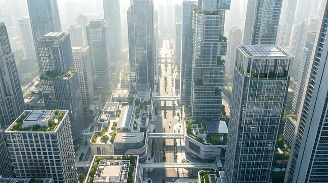 Aerial view of modern glass skyscrapers in city