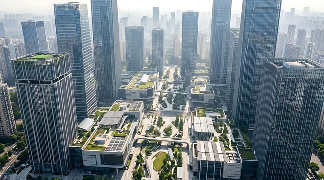 Aerial view of modern glass skyscrapers in city center.