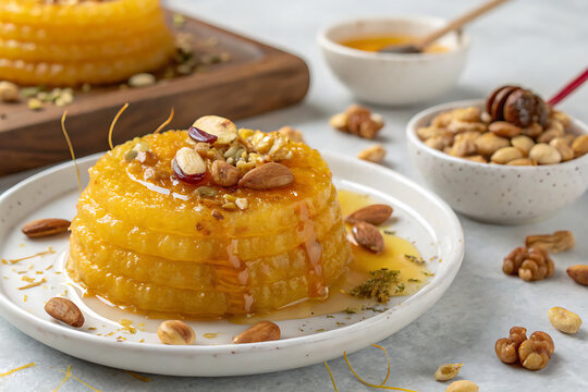 Traditional Indian malpua dessert with saffron syrup and nuts, close-up food photography, festive mood