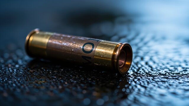Spent Bullet Casing on Wet Surface: A single spent bullet casing rests on a dark, wet surface, its metallic gleam catching the light, suggesting a moment of aftermath or reflection.