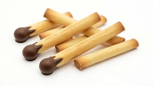 Matchstick Biscuits Dipped in Chocolate: A playful arrangement of crisp, golden matchstick-shaped biscuits, with their tips delicately dipped in rich dark chocolate, offering a delightful sweet treat.