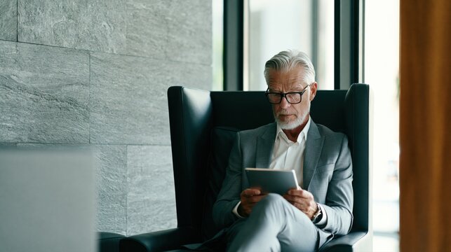 Senior businessman using digital tablet while sitting in modern executive office lounge with natural window light