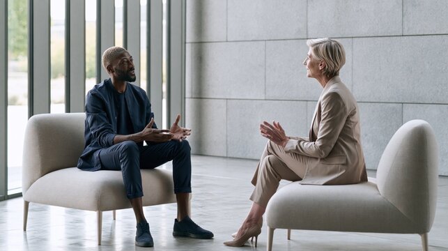 Corporate executives engaged in strategic business conversation during client consultation in contemporary office waiting area