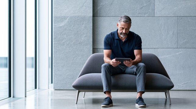 Professional businessman using tablet while sitting in modern office lobby waiting area
