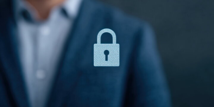 Businessman in blue suit jacket with glowing digital padlock icon representing data security and cyber protection for corporate information systems