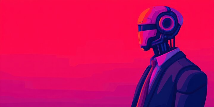 Digital illustration of robot in business suit wearing headphones with copy space for artificial intelligence and corporate technology concepts