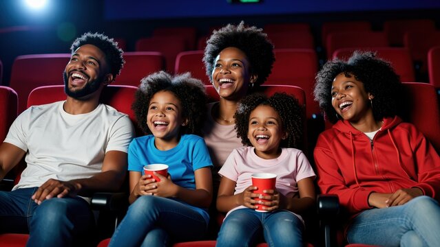 Family Movie Night: A joyful African American family shares a moment of laughter and excitement while watching a movie in a cinema, surrounded by plush red seats and the dim ambiance of the theater.