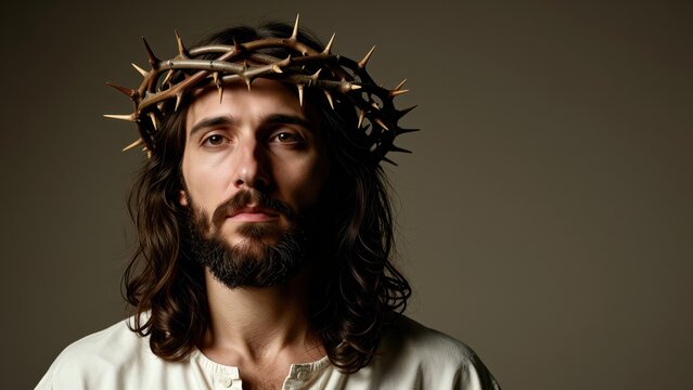 Jesus Christ Wearing Crown of Thorns: A solemn portrait of Jesus Christ, his gaze direct, wearing a crown of thorns, evoking themes of sacrifice and devotion.