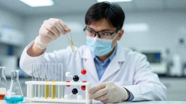 Scientist Working with Test Tubes and Molecular Model: A focused scientist in a lab coat, mask, and gloves meticulously examines a test tube containing a yellow liquid.