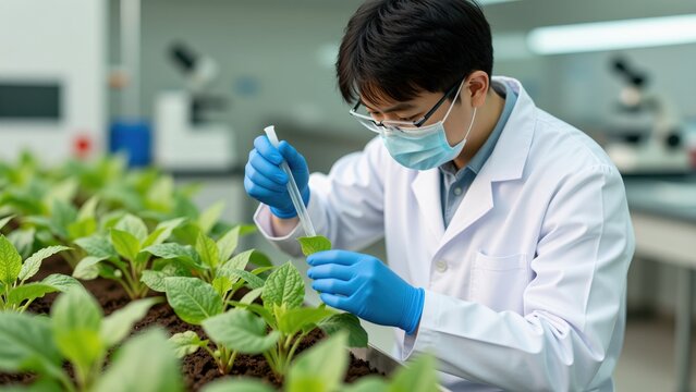 Scientist Examining Plants in Laboratory: A focused scientist in a lab coat and mask meticulously examines a green plant sprout, conducting research in a modern laboratory environment.