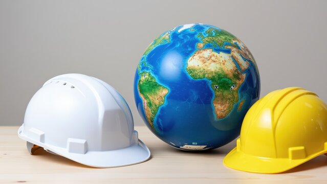 Global Construction Effort: Three hard hats &ndash; one white, one yellow, and a miniature globe stand on a wooden surface, symbolizing the worldwide reach of construction and industry.