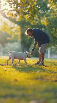 Tattooed man playing with his bull terrier dog in the park