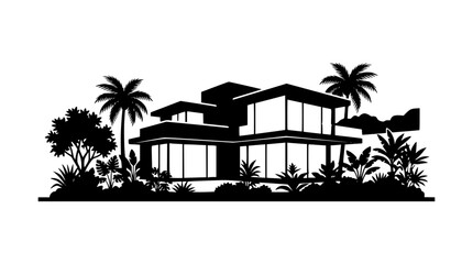 Obraz premium Modern Tropical Villa Silhouette with Palm Trees and Garden