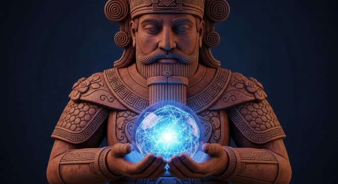 Ancient king holding a glowing blue magic crystal ball in his hands