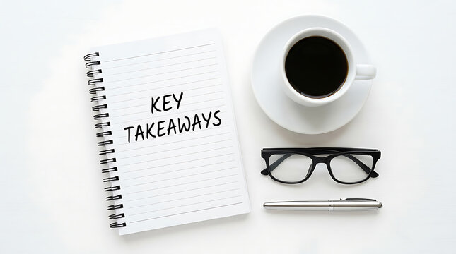 Key Takeaways concept written on notebook with coffee cup, glasses and pen