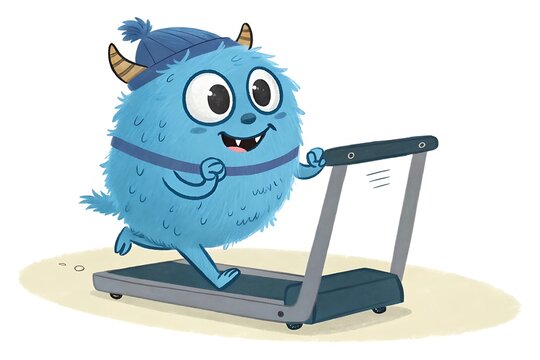 Blue cartoon monster exercising on a treadmill