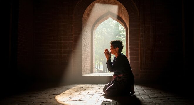 Woman kneeling in prayer inside a dark ancient stone temple with light streaming through an arch