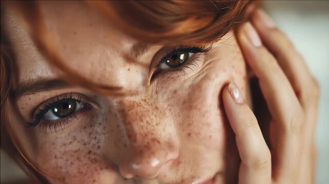 Close-up portrait of freckled woman touching her face