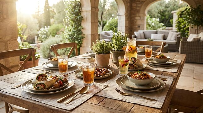 Al fresco dining table set on sunlit stone patio.