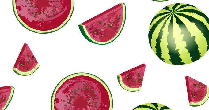 Animated seamless looping watermelon pattern on white. Detailed fruit design, summer repeating video background for motion graphics, social media, overlay. 4K moving from top right to bottom left