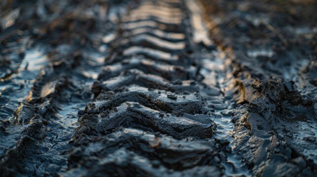 Warehouse forklift tire track in dark mud captured with Canon EOS R5
