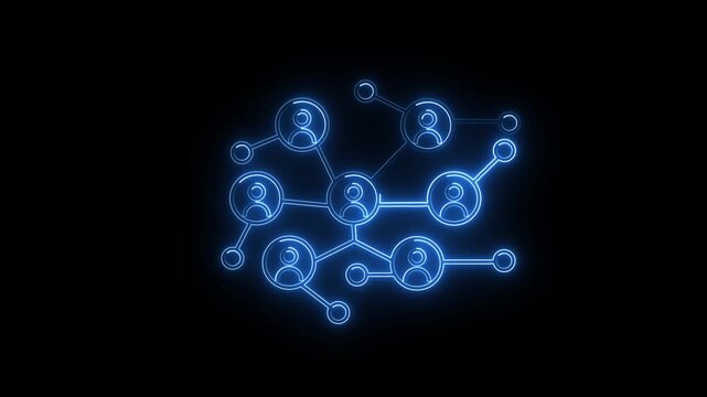 neon animated social network icon. Network of connected people with peripheral circle nodes, ideal for illustrating social networks, teamwork, connectivity, relationships, communication, technology.