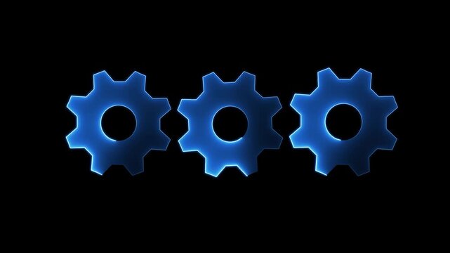 Three Metallic Blue Glowing Gears Animation Loop on Black Background | Neon Sequential Cogs Motion Graphics | 4K Futuristic Mechanical Process Stock Video Footage.