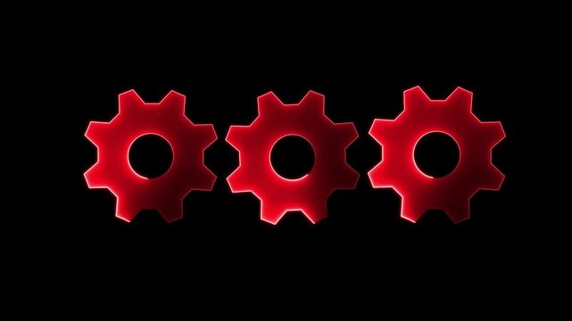 Three Metallic Red Glowing Gears Animation Loop on Black Background | Neon Sequential Cogs Motion Graphics | 4K Futuristic Mechanical Process Stock Video Footage.