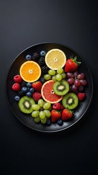 Assorted fresh fruit platter on dark circular plate.