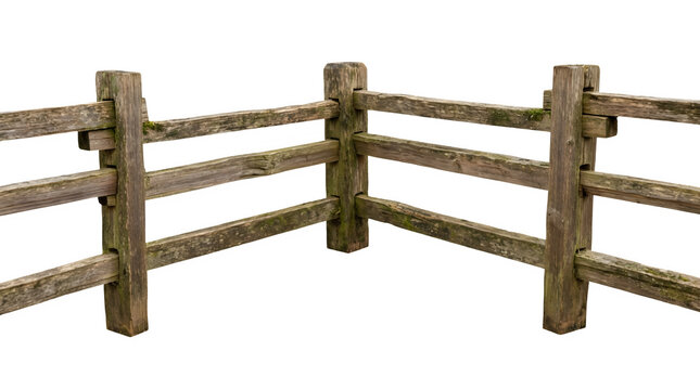 Rustic wooden fence corner on white background, weathered timber post and rail fencing, aged brown wood enclosure for farm and ranch