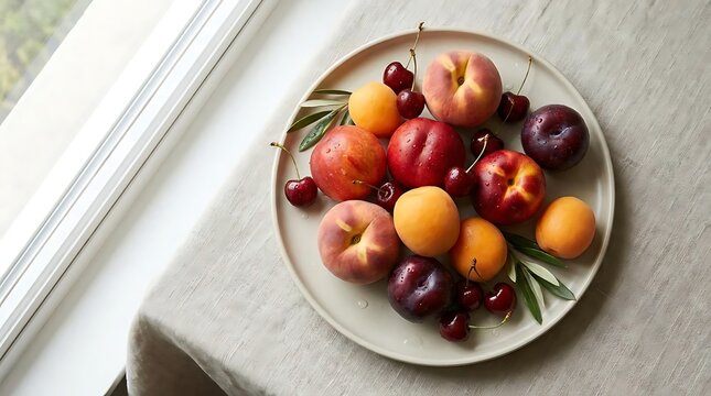 Assorted fresh seasonal fruits on ceramic plate.