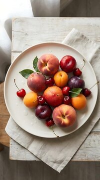 Assorted fresh stone fruits on white plate.