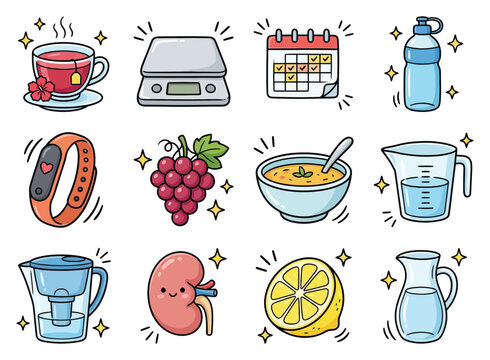 Healthy lifestyle objects with a scale and tea while grapes and lemon aid wellness goals