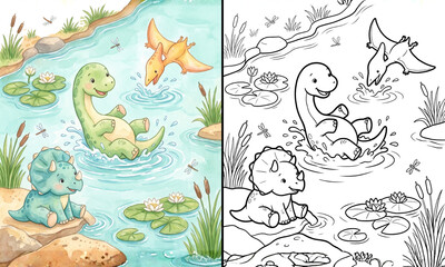 Obraz premium Cute Dinosaur Swimming River Coloring Page Kids Activity Pastel Watercolor Split Illustration Printable Sheet