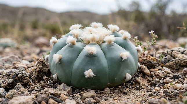 Small blue green peyote cactus growing in a rocky desert landscape