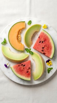 Assorted melon and watermelon slices on white marble.