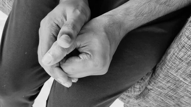 Nervous, stressed or worried person sitting alone in room with shaky hand finger movements. Overwhelming emotions like fear, depression, anxiety or mental pain concept. Closeup black and white view.