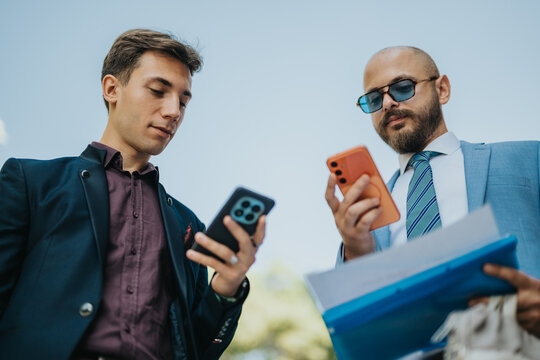 Two male business colleagues check smartphones and paperwork while standing outdoors. They compare information on their phones and review documents in a casual professional setting.