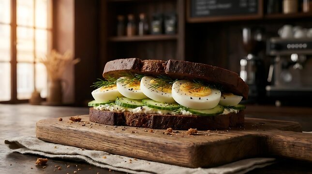Avocado and egg sandwich on sourdough bread.