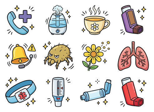 Medical icons for asthma and allergies with inhalers lungs and a dust mite triggering symptoms