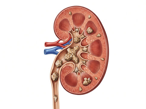 Kidney cross-section illustrates the internal formation of multiple hard mineral stones within the organ structures.